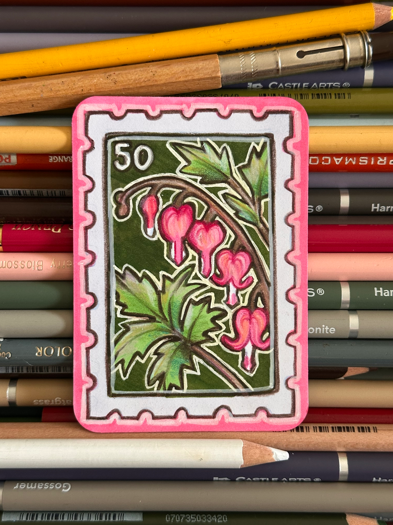 Bleeding Heart Stamp aceo art card