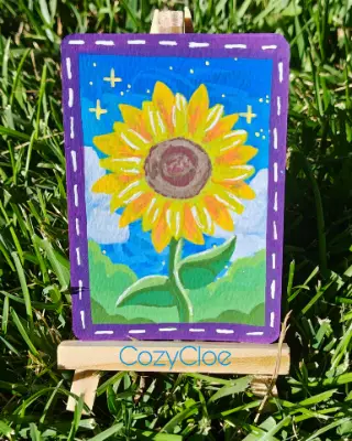 Sunflower Friend Original ACEO Painting – Ghibli Life Series – Miniature Sunflower Art aceo art card thumbnail 1