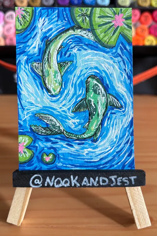 Green Koi fish in pond aceo art card