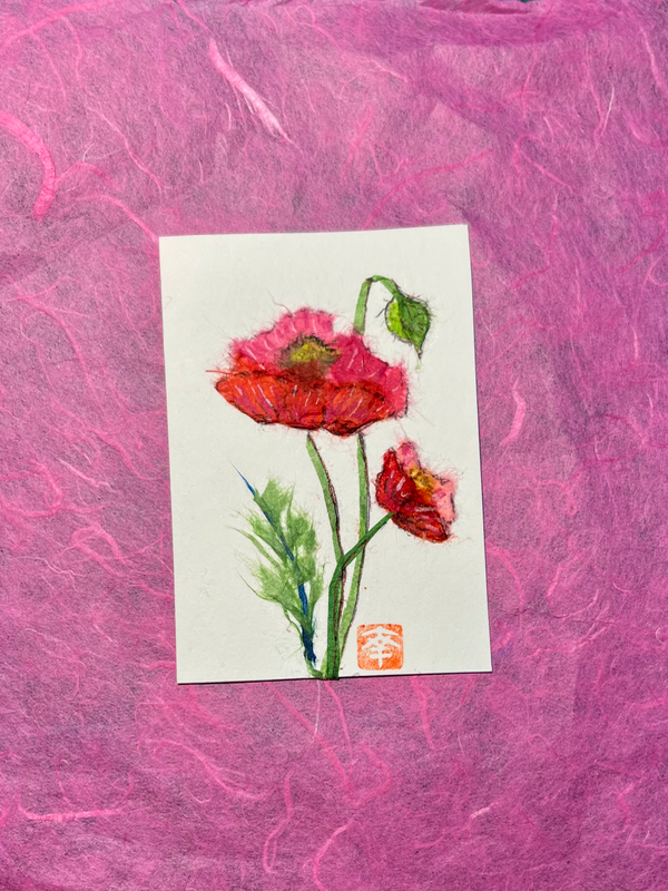 Red poppy- Japanese Washi art aceo art card