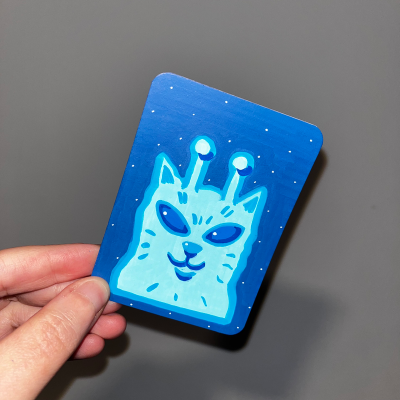 original aceo alien cat 3/3 blue space stars aceo art card