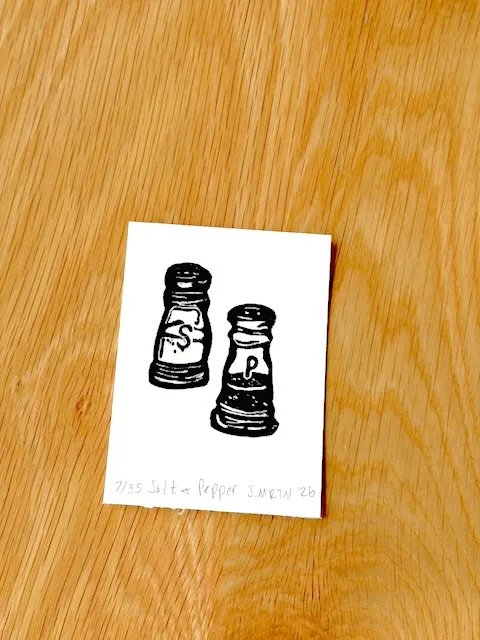 Salt and Pepper Hand-carved Rubber Stamp Block Print Mini ACEO aceo art card