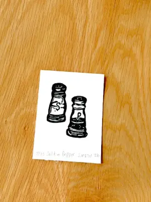 Salt and Pepper Hand-carved Rubber Stamp Block Print Mini ACEO aceo art card thumbnail 1