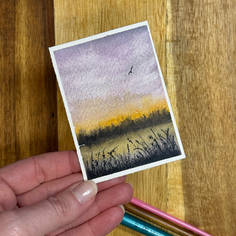 ACEO Watercolor, Landscape, Original, Field, "Purple and Gold Meadow”, 3.5x2.5in, By Lark Watercolor aceo art card