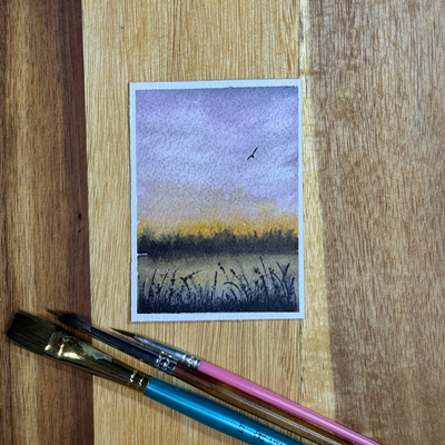 ACEO Watercolor, Landscape, Original, Field, "Purple and Gold Meadow”, 3.5x2.5in, By Lark Watercolor aceo art card thumbnail 3