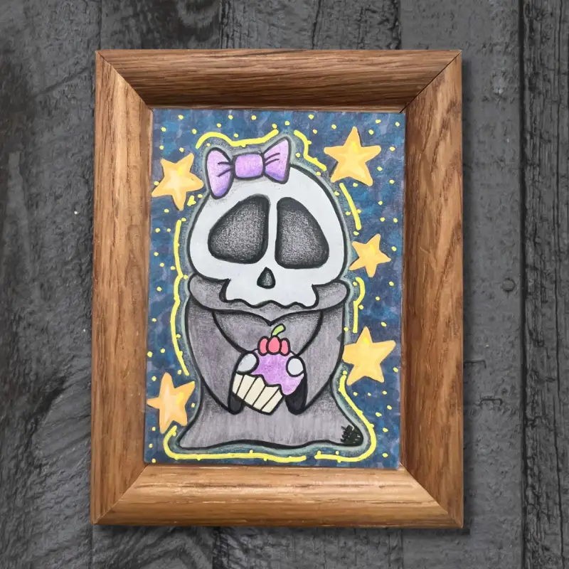 Sweetly Grim - Alcohol Markers, Colored Pencils and Acrylic Drawing by Pamela K Studio aceo art card