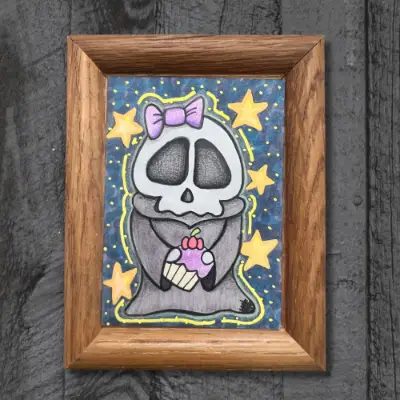 Sweetly Grim - Alcohol Markers, Colored Pencils and Acrylic Drawing by Pamela K Studio aceo art card thumbnail 1