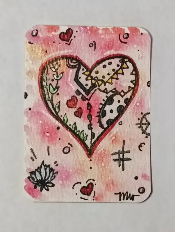 Patchwork Heart – Original ACEO, Acrylic & Ink, 2.5" x 3.5" aceo art card