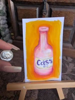 CASS beer bottle mini painting 2x3 aceo art card thumbnail 2