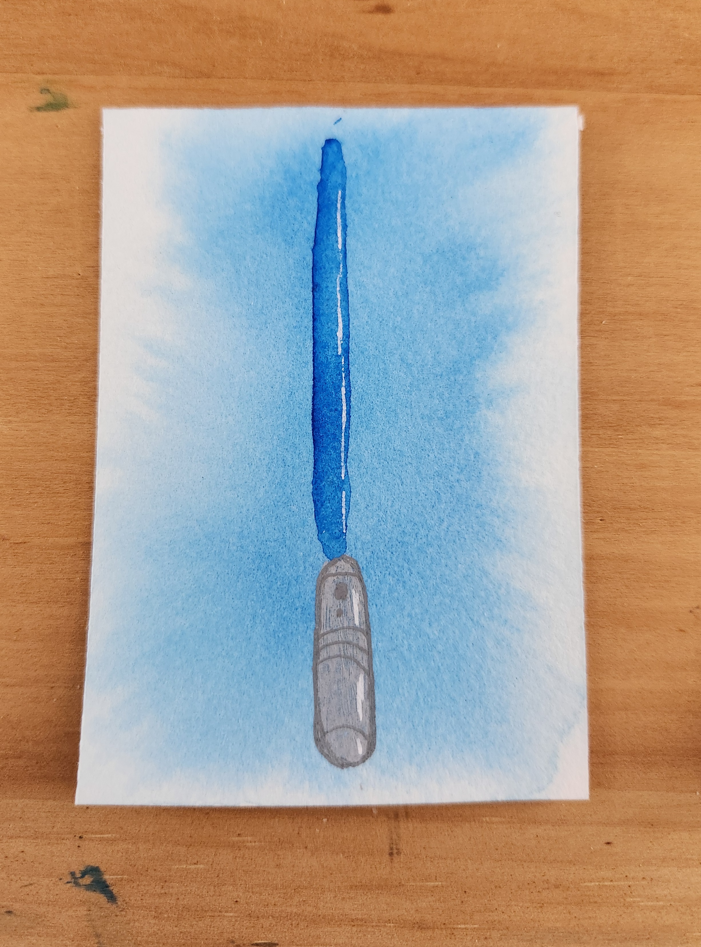 Original Watercolor Blue Lightsaber aceo art card