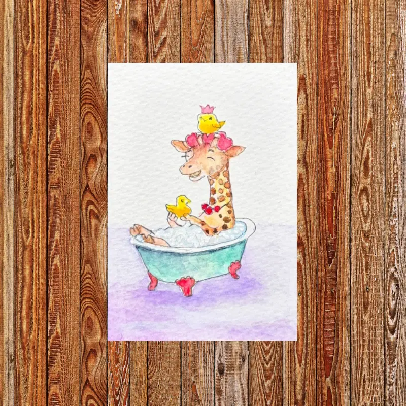 "Giraffe's Spa Day" ACEO Original Watercolor miniature SRA OOAK bathtub rubber duck Fine Art by Edie aceo art card