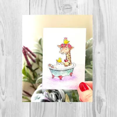 "Giraffe's Spa Day" ACEO Original Watercolor miniature SRA OOAK bathtub rubber duck Fine Art by Edie aceo art card thumbnail 2