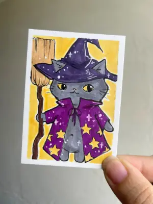 Cat Witch aceo art card thumbnail 1