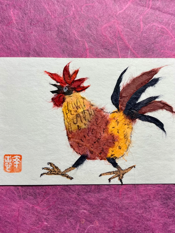 Japanese Washi art- Rooster orange aceo art card