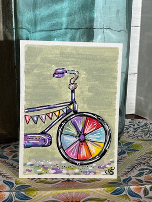 Bike with Banners, Colorful Bicycle Painting, Bike aceo art card thumbnail 2