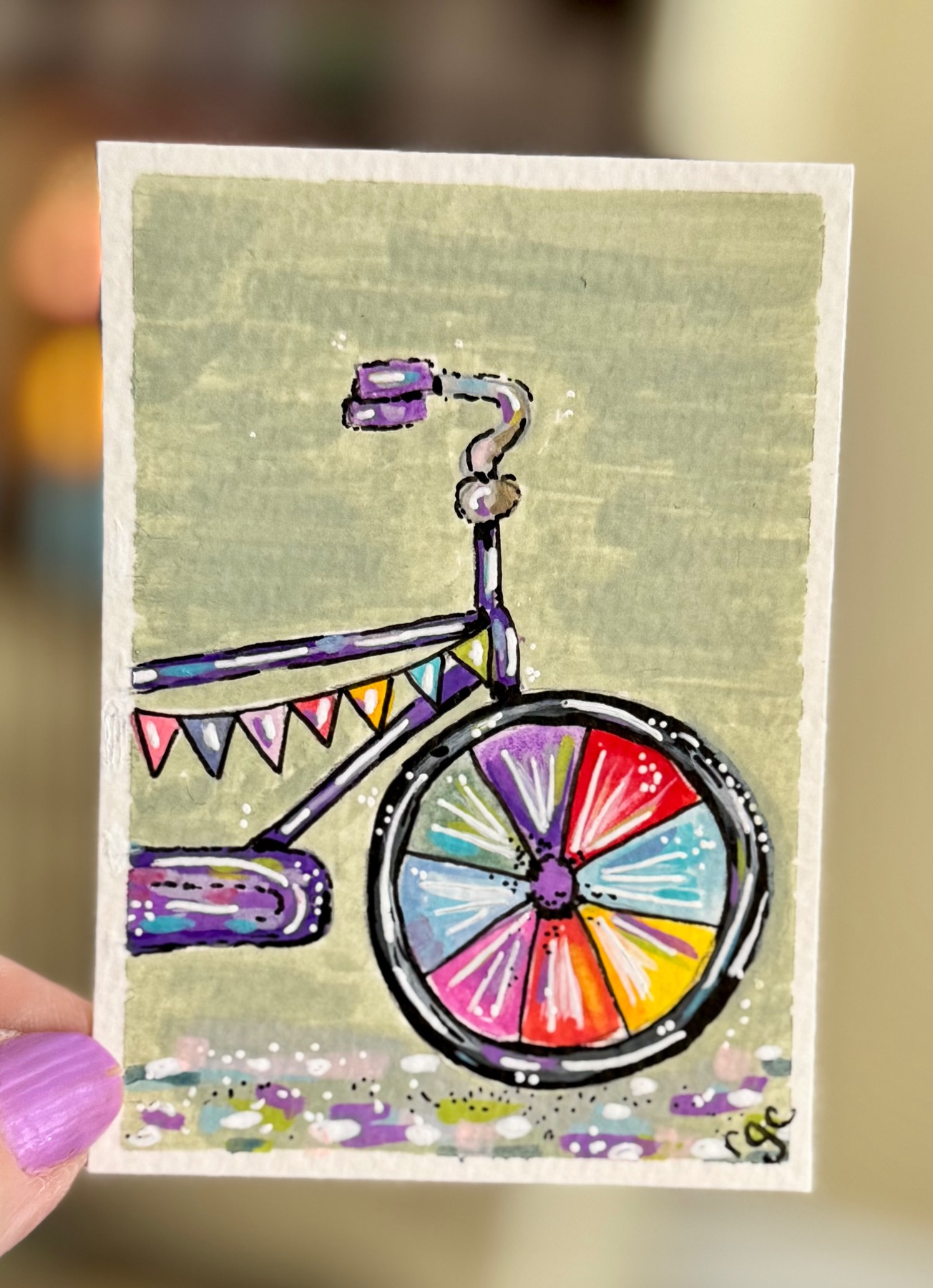 Bike with Banners, Colorful Bicycle Painting, Bike aceo art card