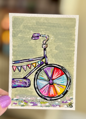Bike with Banners, Colorful Bicycle Painting, Bike aceo art card thumbnail 1