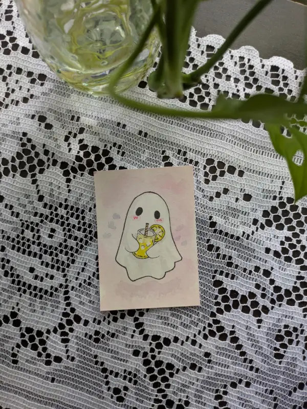 Original Watercolor ACEO Lemonade Ghost Mini Painting Cute Summer Ghost Art aceo art card