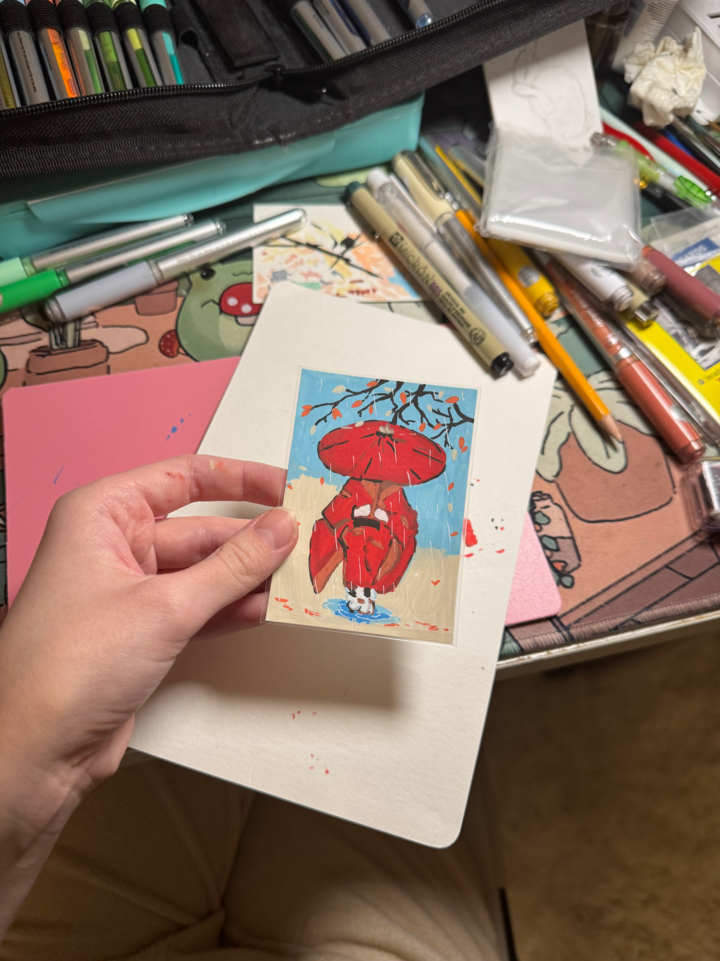 ACEO Original Miniature Painting Acrylic 2.5 X 3.5 Rainy Kimono Lady In Red aceo art card