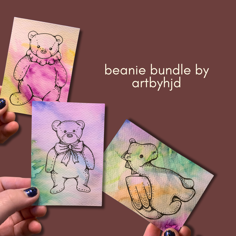 ACEO beanie baby bundle stuffed animal Inspired watercolor & ink by artbyhjd aceo art card