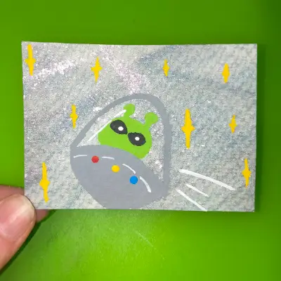 Alien flying through Space and Stars aceo art card thumbnail 2