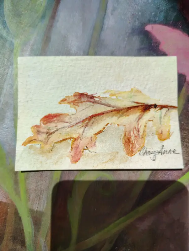 ACEO watercolor Oak Autumn leaf by CheyAnne aceo art card