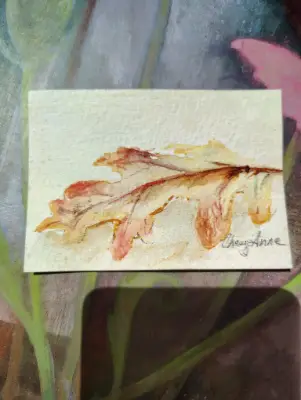 ACEO watercolor Oak Autumn leaf by CheyAnne aceo art card thumbnail 1