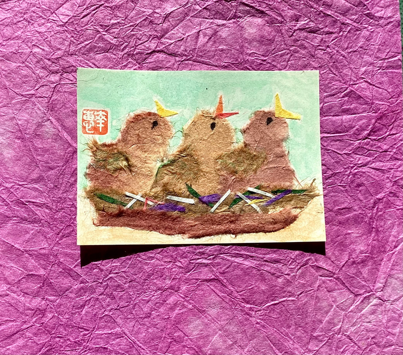 Japanese Washi art - Feed me more! aceo art card