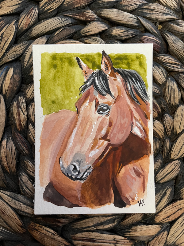 Chestnut Horse in Watercolor aceo art card
