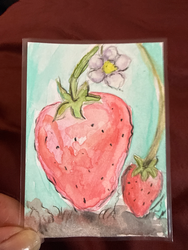 ACEO strawberry watercolor aceo art card