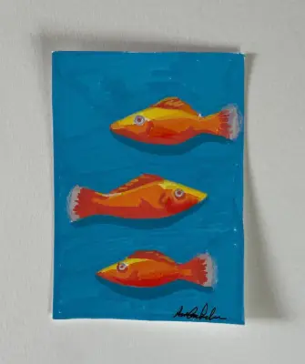 Orange Reef Fish Trio aceo art card thumbnail 1