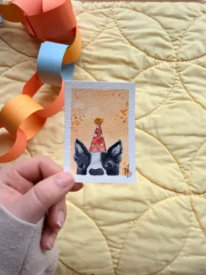 "Party Animal" Boston Terrier ACEO With Party Hat aceo art card thumbnail 3