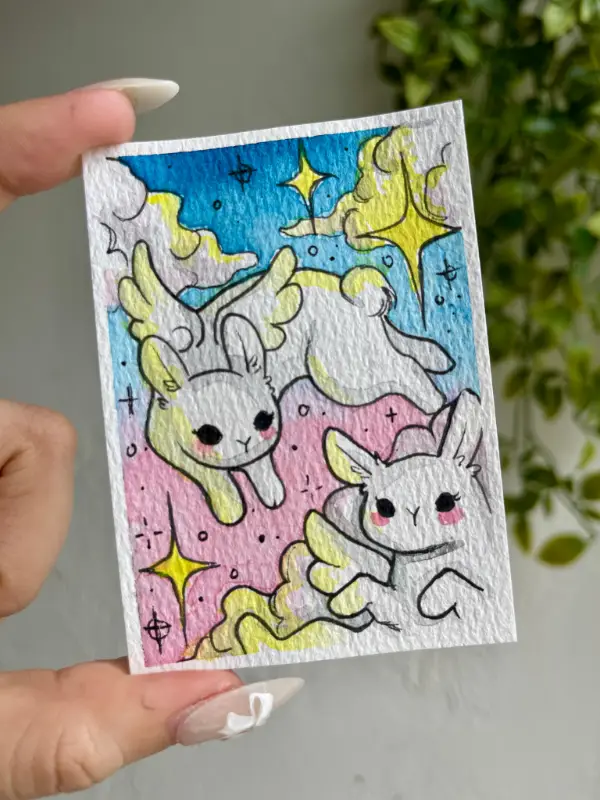 Angel Bunnies in the Sky aceo art card