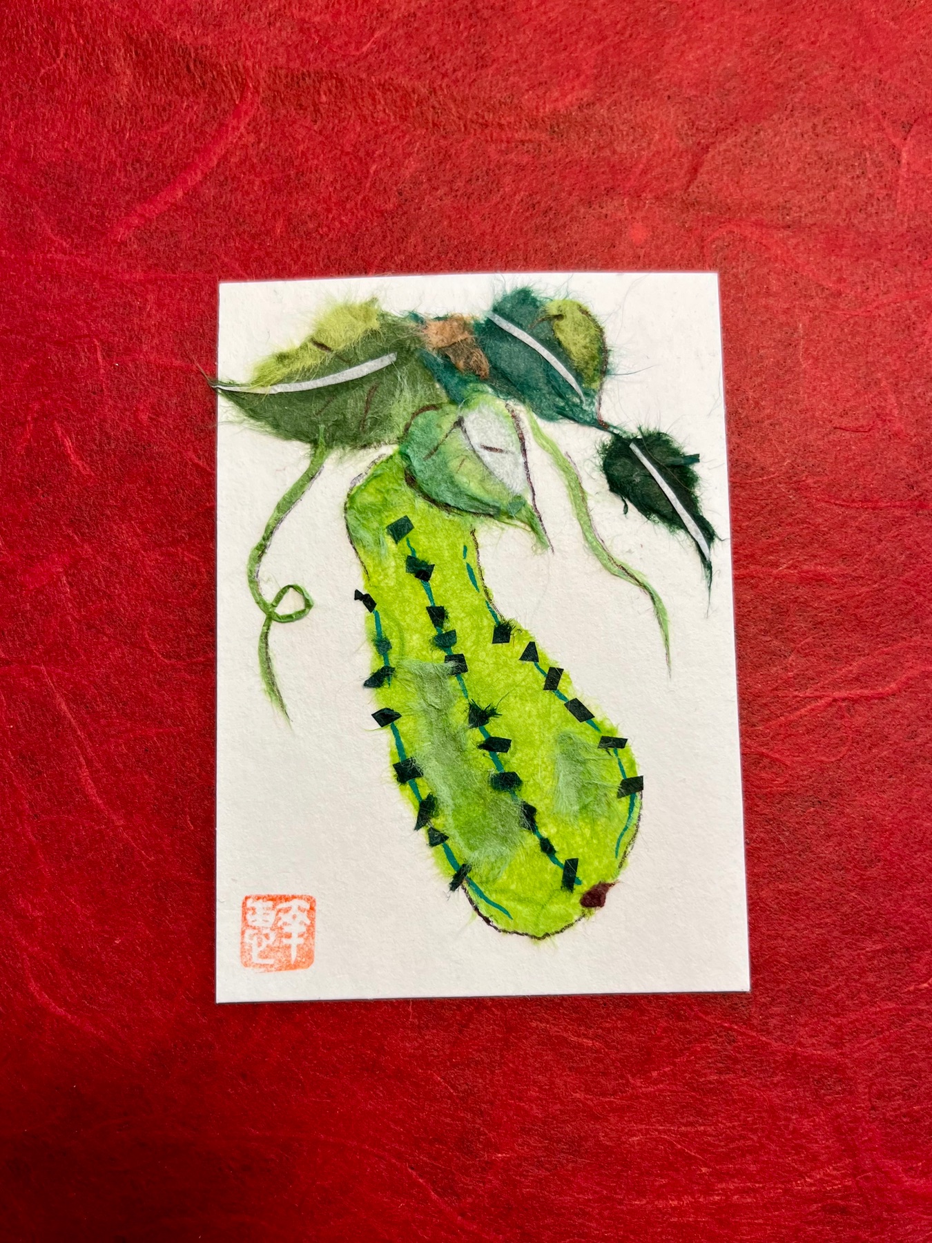 Japanese Washi Art - cucumber (kyuri) aceo art card