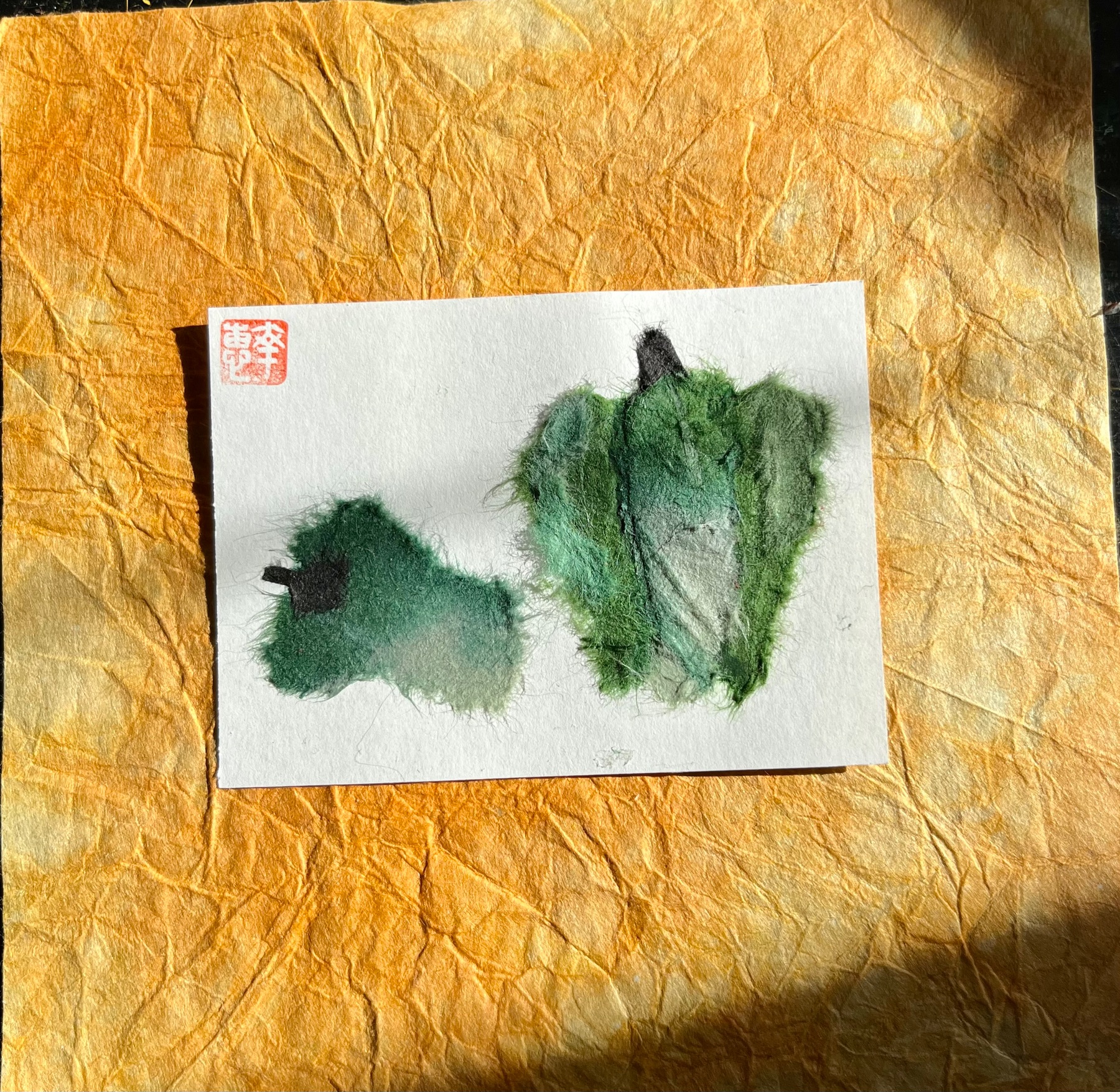 Japanese washi art - Bell peppers (pi-man) aceo art card
