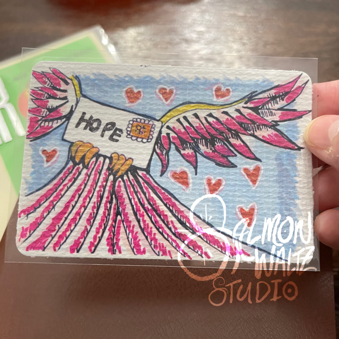 ACEO art card print wings letter hot pink glitter signed that.weird.art.chick aceo art card