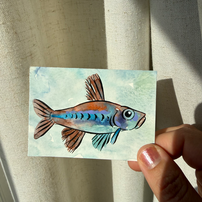 Orange and Teal Fish aceo art card thumbnail 2