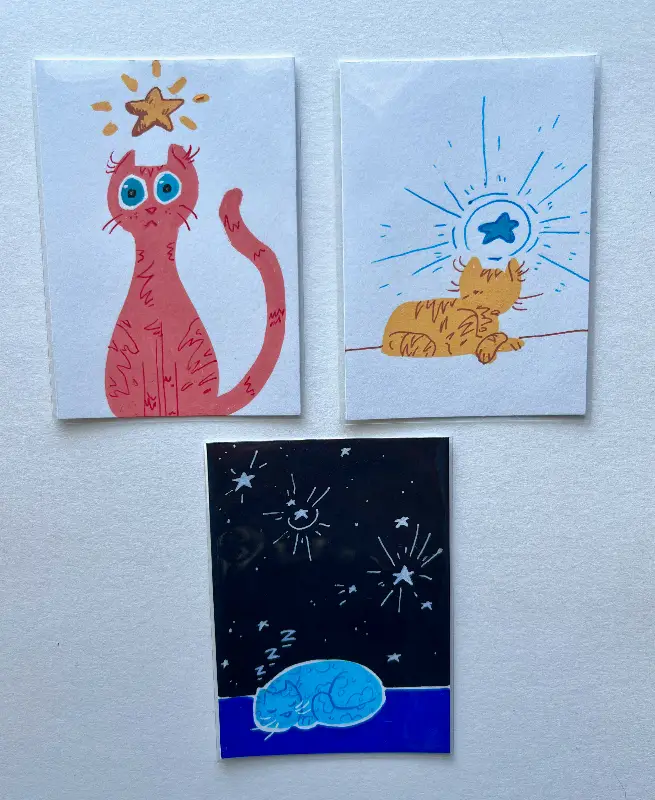 BUNDLE! minimalist star-cat trio | acrylic marker, fine-tipped pen aceo art card