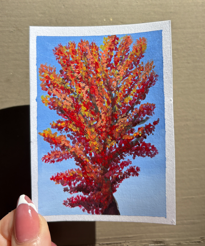 Original ACEO Autumn Tree Painting Fall Foliage Miniature Art Red Orange Yellow aceo art card