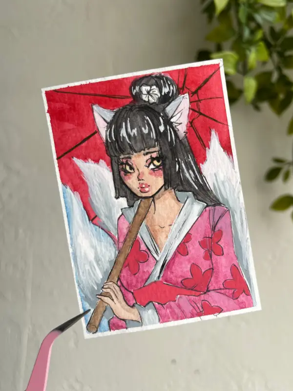Kitsune Girl in Kimono aceo art card