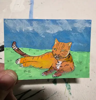 Cat "Playing in the Grass" aceo art card thumbnail 2