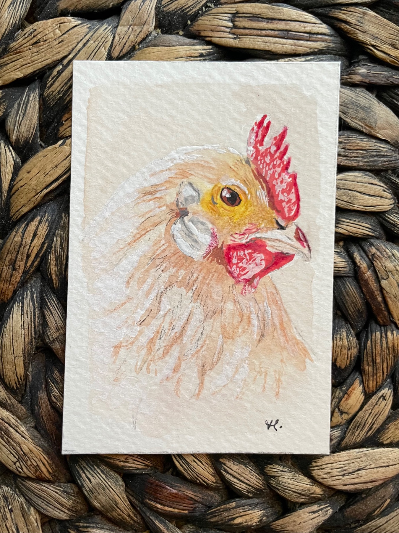 Gentle Eyes - Chicken in Watercolor and Gouache aceo art card