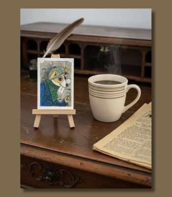 News Dog - 1930s-Inspired Cartoon Dog ACEO in Colored Pencil & Ink on Illustration Board aceo art card thumbnail 2