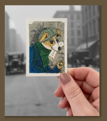 News Dog - 1930s-Inspired Cartoon Dog ACEO in Colored Pencil & Ink on Illustration Board aceo art card thumbnail 1