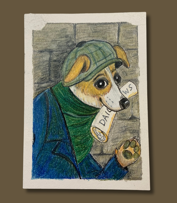 News Dog - 1930s-Inspired Cartoon Dog ACEO in Colored Pencil & Ink on Illustration Board aceo art card thumbnail 3