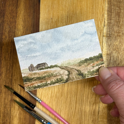 ACEO Watercolor, Landscape, Original, “Farm Road”, 3.5x2.5in, By Lark Watercolor aceo art card thumbnail 2