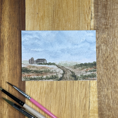 ACEO Watercolor, Landscape, Original, “Farm Road”, 3.5x2.5in, By Lark Watercolor aceo art card thumbnail 3