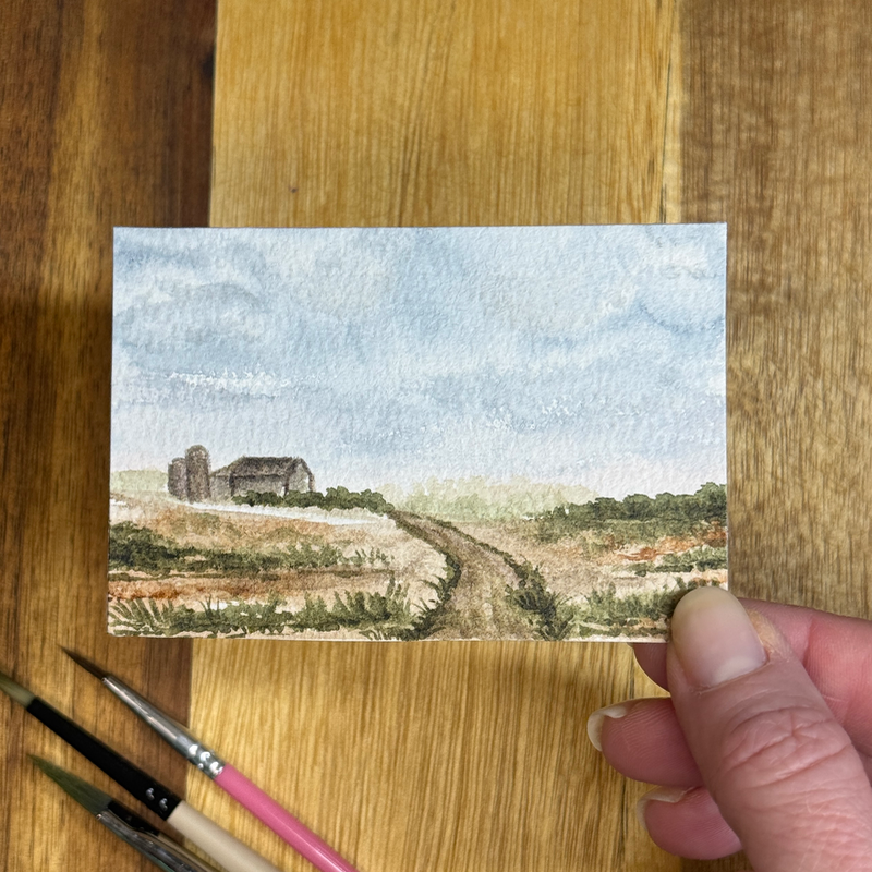 ACEO Watercolor, Landscape, Original, “Farm Road”, 3.5x2.5in, By Lark Watercolor aceo art card