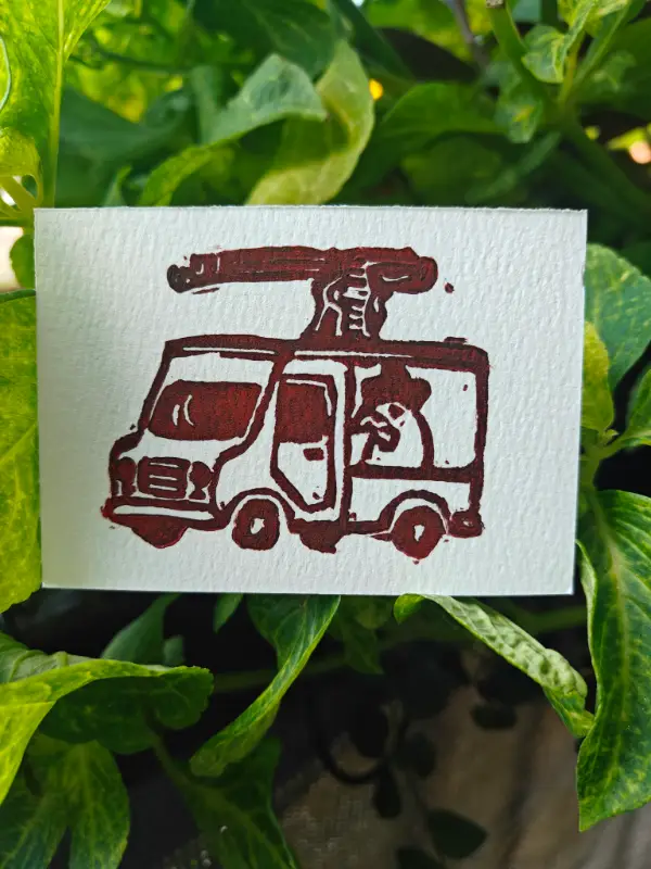 Big Shot Chicken Truck Hand Pulled Linocut Print - Red aceo art card