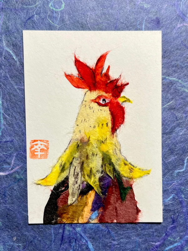Japanese Washi art-Rooster top aceo art card